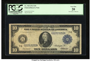 image for: Fr. 928 $10 1914 Federal Reserve Note PCGS Very Fine 20....