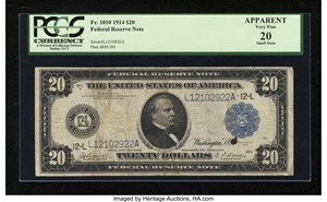 image for: Fr. 1010 $20 1914 Federal Reserve Note PCGS Apparent Very Fine 20....