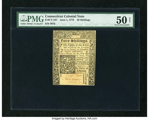 image for: Connecticut June 1, 1775 40s Uncancelled PMG About Uncirculated 50 Net....