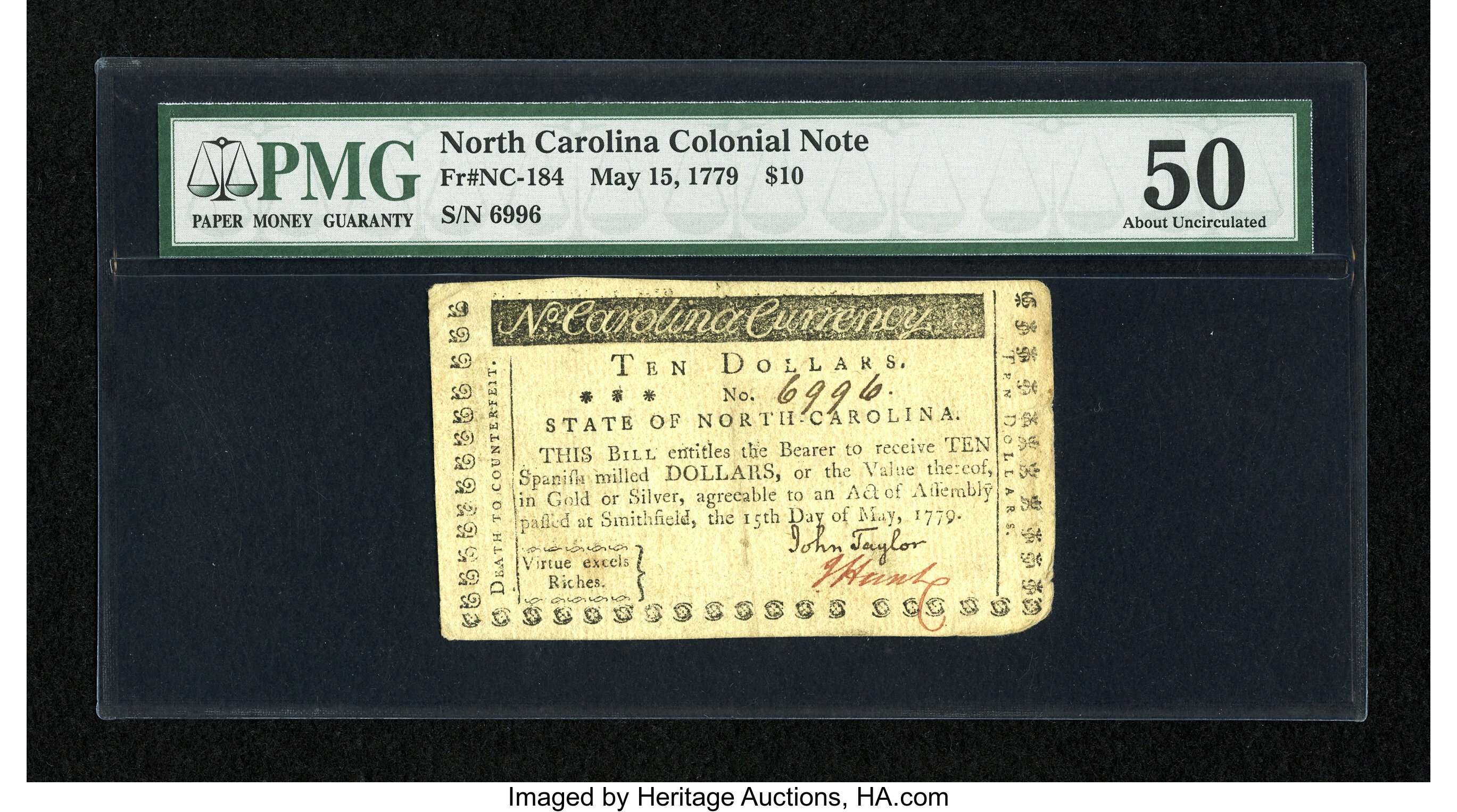 image for: North Carolina May 15, 1779 $10 PMG About Uncirculated 50....