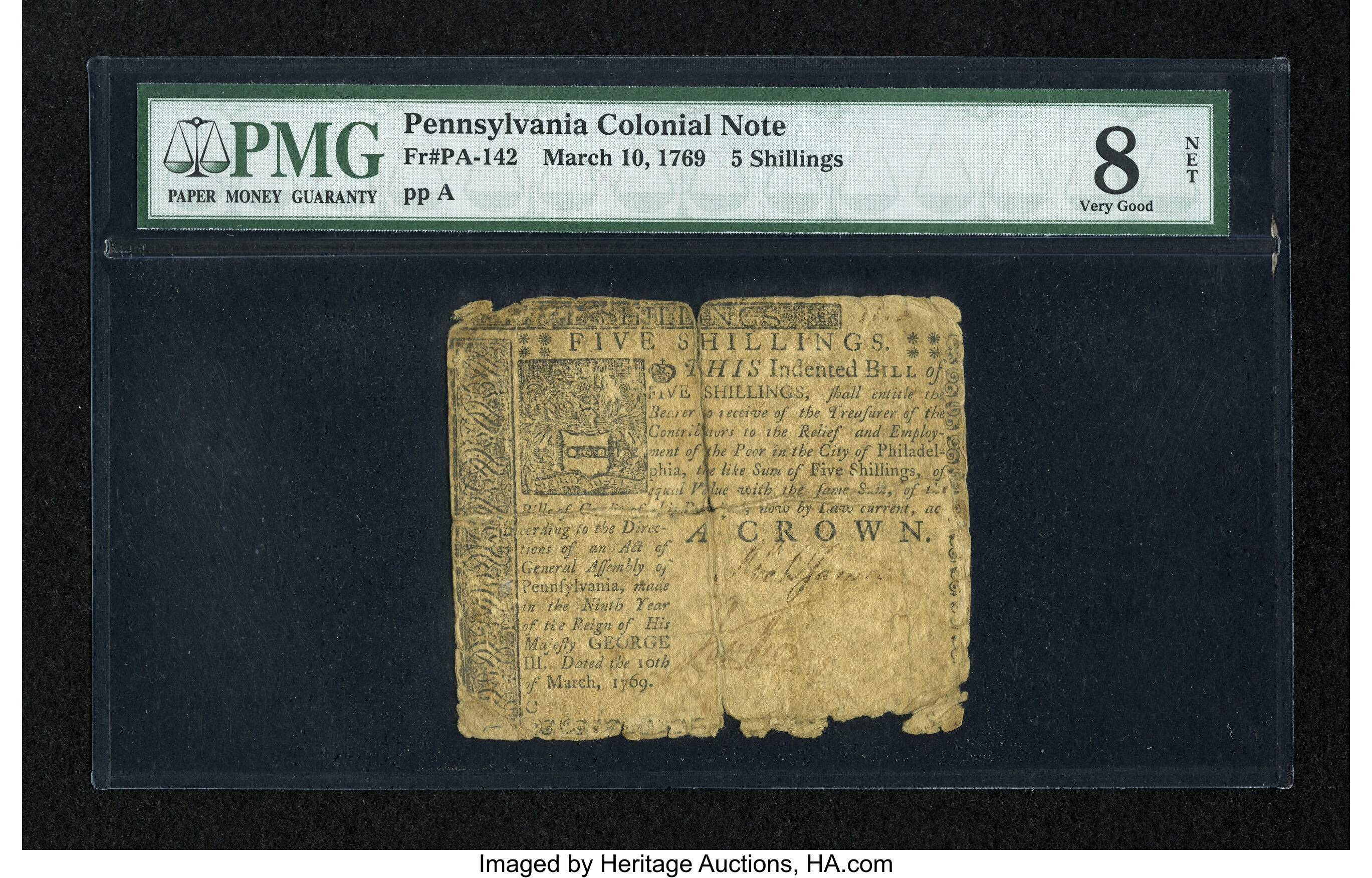 image for: Pennsylvania March 10, 1769 5s PMG Very Good 8 Net....