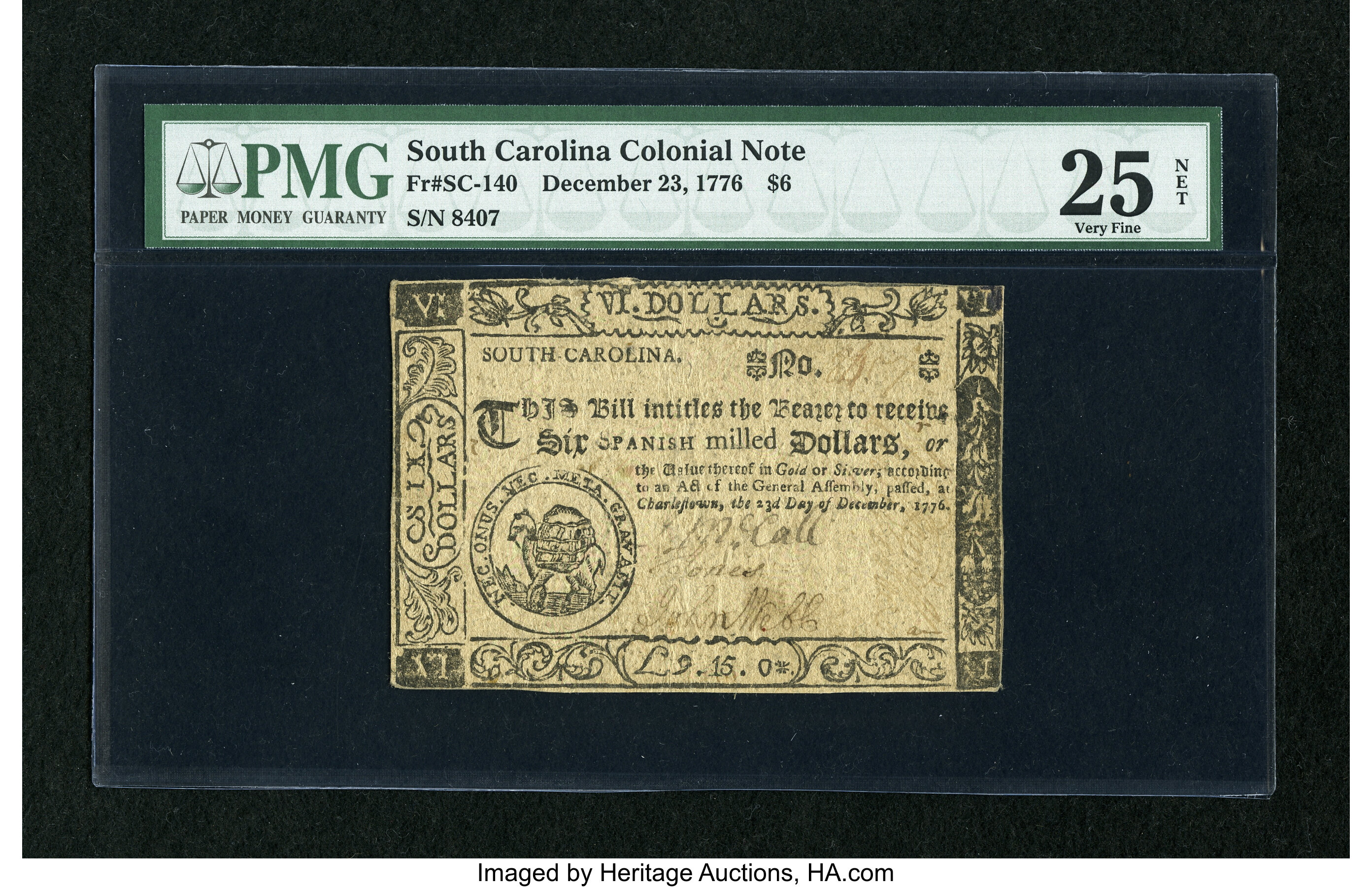 image for: South Carolina December 23, 1776 $6 Fully Signed PMG Very Fine 25 Net....