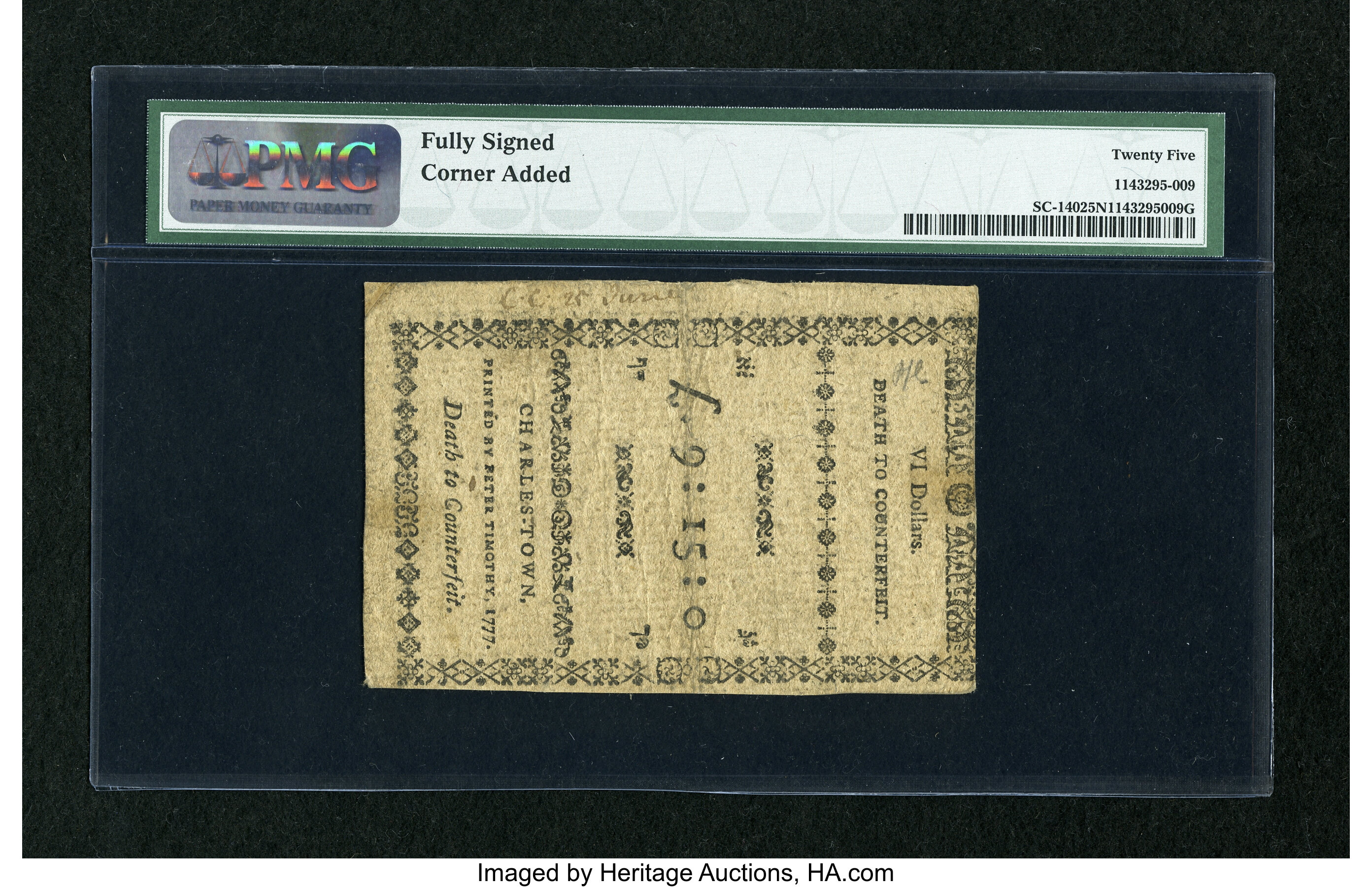 image for: South Carolina December 23, 1776 $6 Fully Signed PMG Very Fine 25 Net....