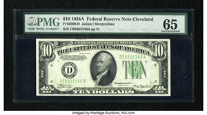 image for: Fr. 2006-D $10 1934A Federal Reserve Note. PMG Gem Uncirculated 65....