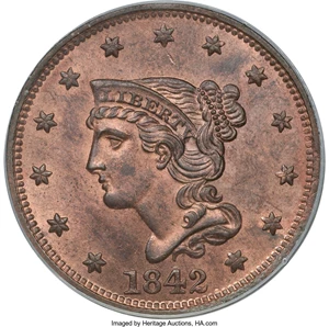 image for: 1842 1C Large Date MS65 Red and Brown PCGS. CAC....