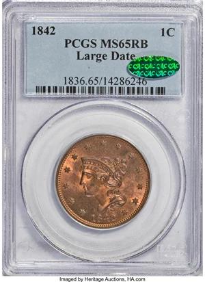 image for: 1842 1C Large Date MS65 Red and Brown PCGS. CAC....