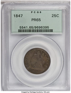 image for: 1847 25C PR65 PCGS....