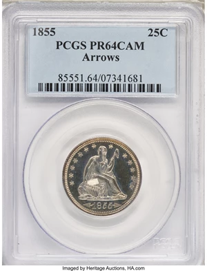 image for: 1855 25C Arrows PR64 Cameo PCGS....