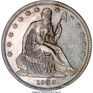 image for: 1839 P50C Seated Liberty Half Dollar, Judd-102 Restrike, Pollock-113, High R.7, PR63 PCGS....