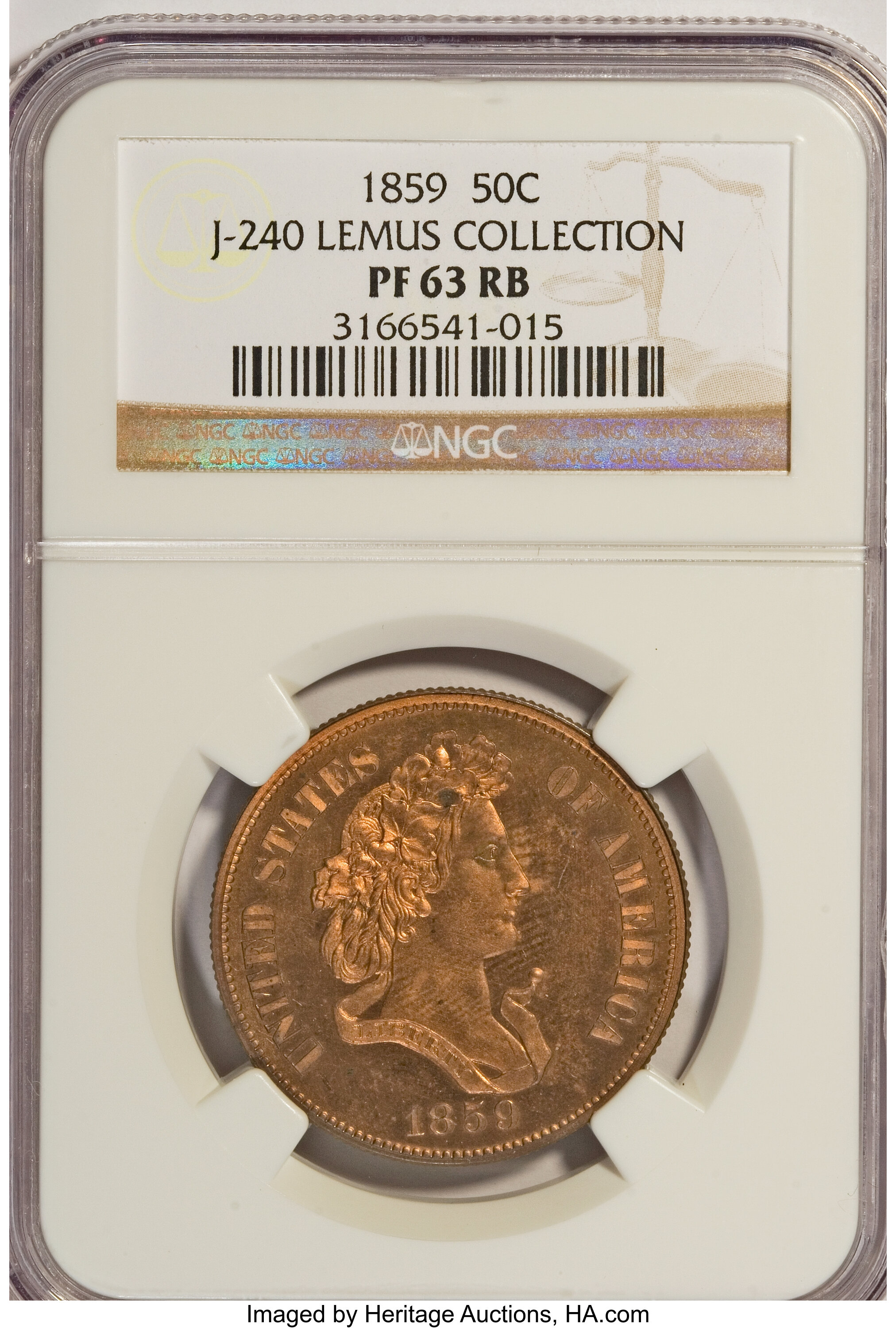 image for: 1859 P50C Half Dollar, Judd-240, Pollock-296, R.5, PR63 Red and Brown NGC....