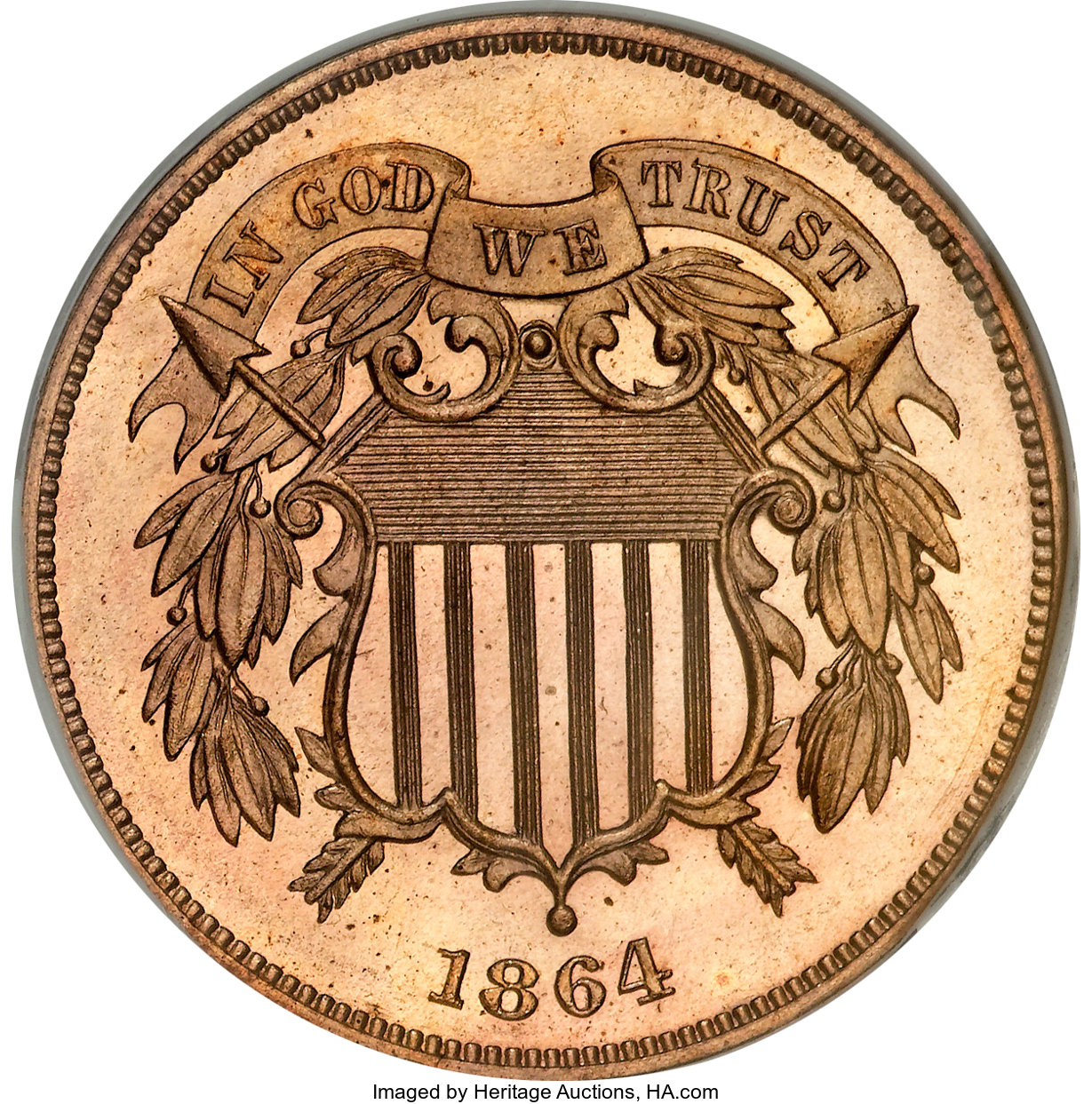 image for: 1864 2C Large Motto PR64 Red NGC....