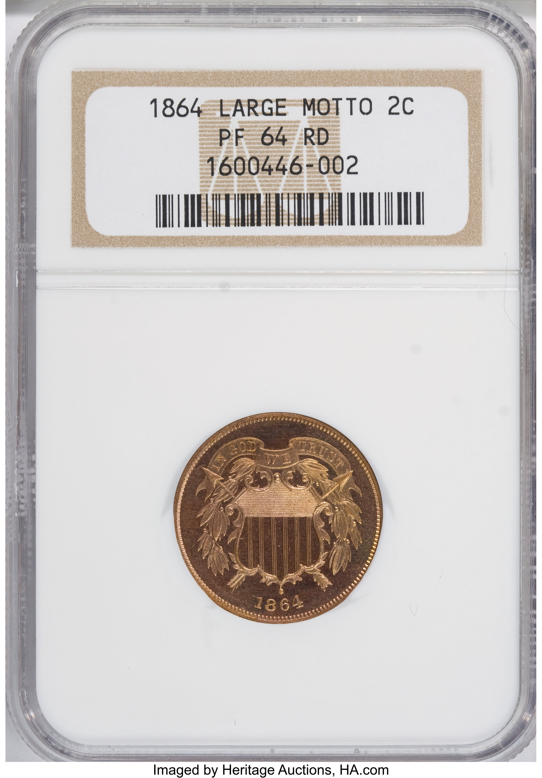 image for: 1864 2C Large Motto PR64 Red NGC....