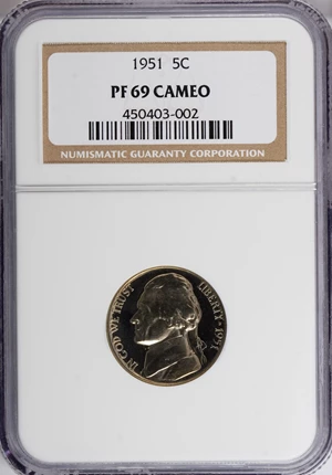 image for: 1951 5C PR69 Cameo NGC. NGC Census: (14/0). PCGS Population (0/0). Numismedia Wsl. Price for NGC/PCGS coin in PR69: $1,075...