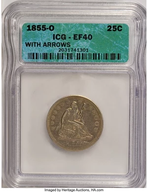 image for: 1855-O 25C Arrows XF40 ICG. NGC Census: (3/17). PCGS Population (2/8). Mintage: 176,000. Numismedia Wsl. Price for NGC/PCGS...