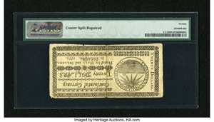 image for: Continental Currency May 10, 1775 $20 PMG Very Fine 20 Net....