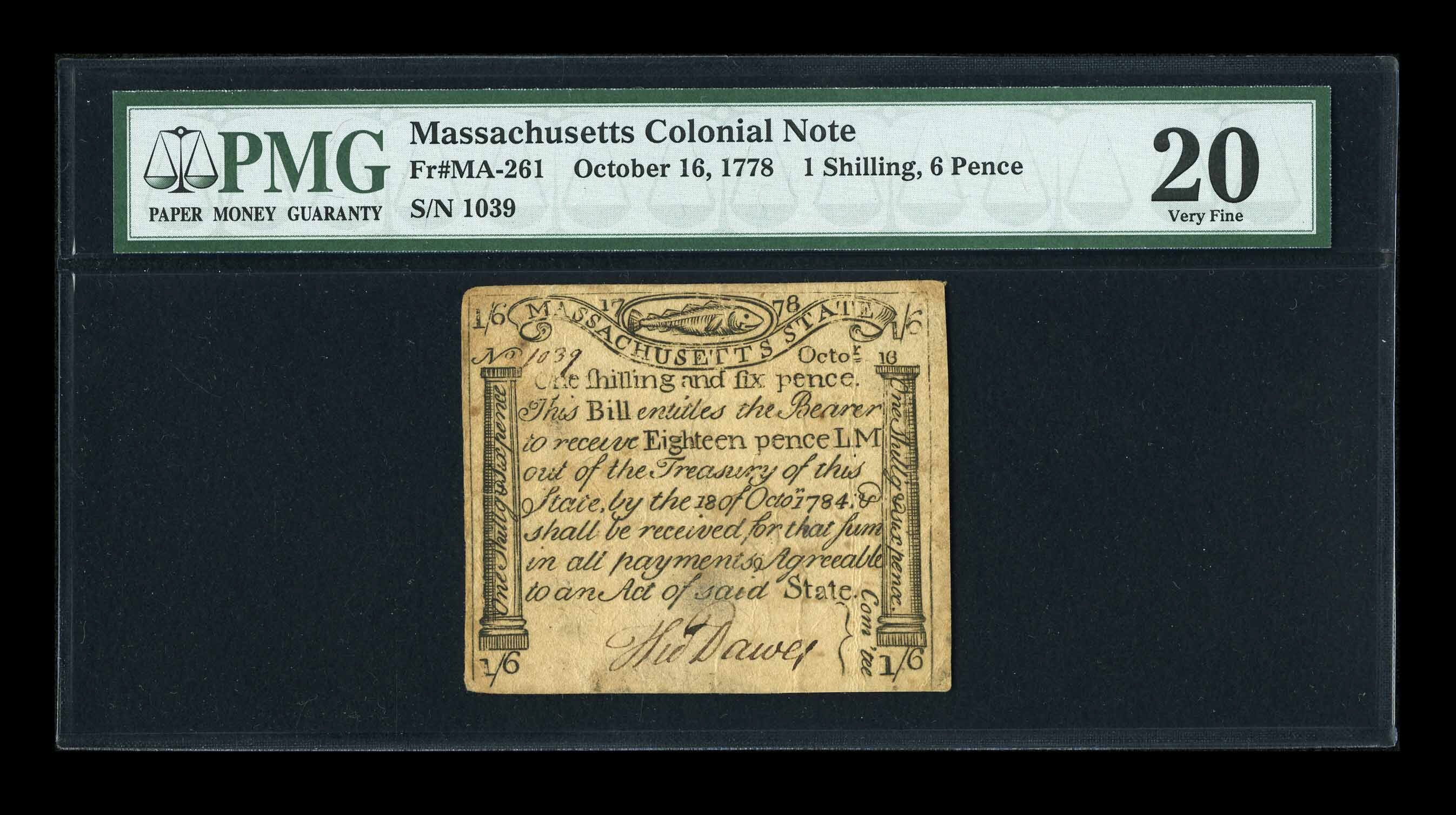 image for: Massachusetts October 16, 1778 1s/6d PMG Very Fine 20....