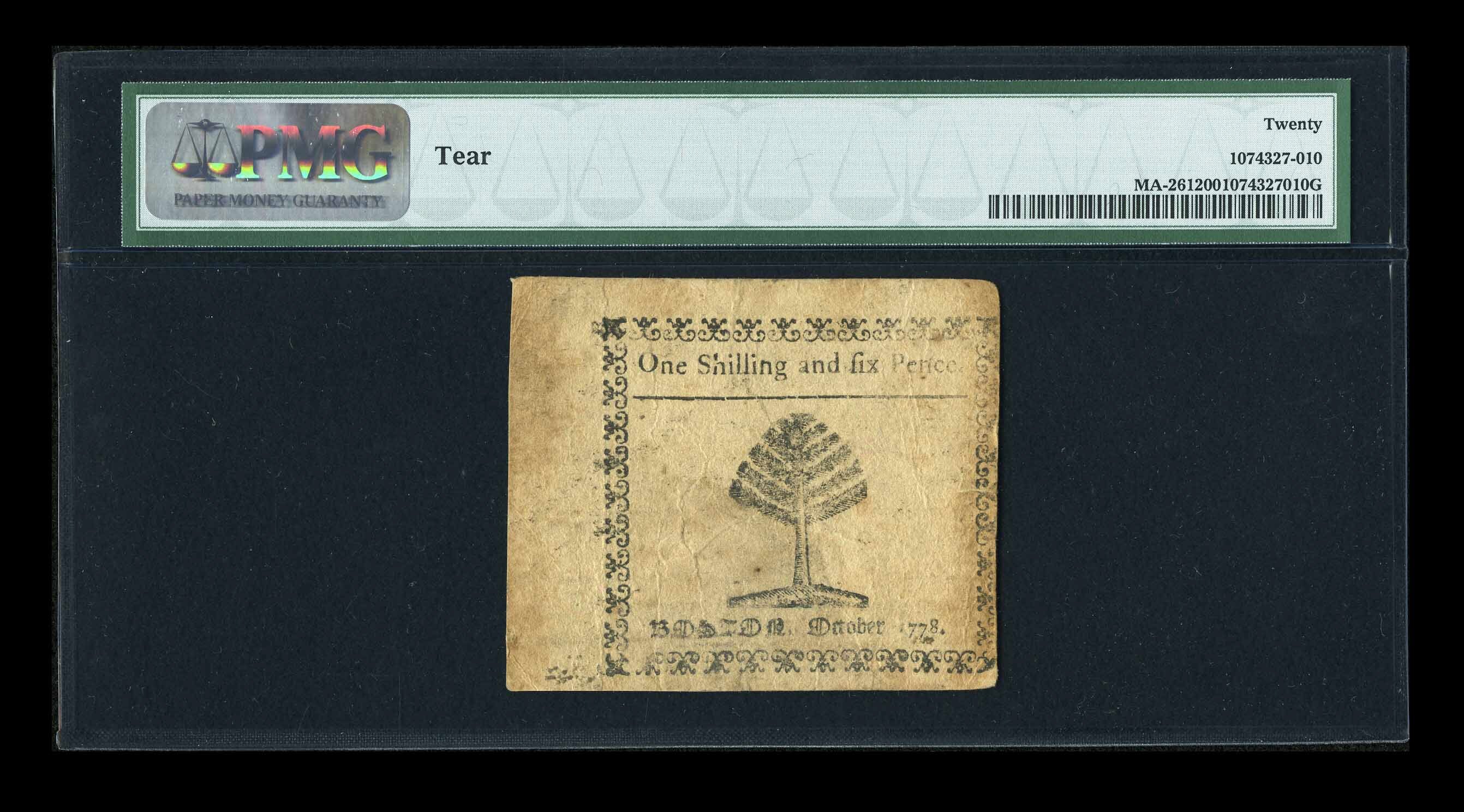 image for: Massachusetts October 16, 1778 1s/6d PMG Very Fine 20....