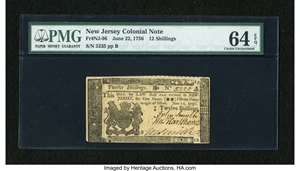image for: New Jersey June 22, 1756 12s PMG Choice Uncirculated 64 EPQ....