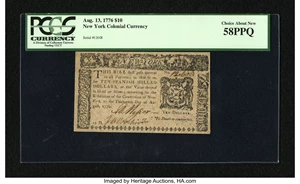 image for: New York August 13, 1776 $10 PCGS Choice About New 58PPQ....