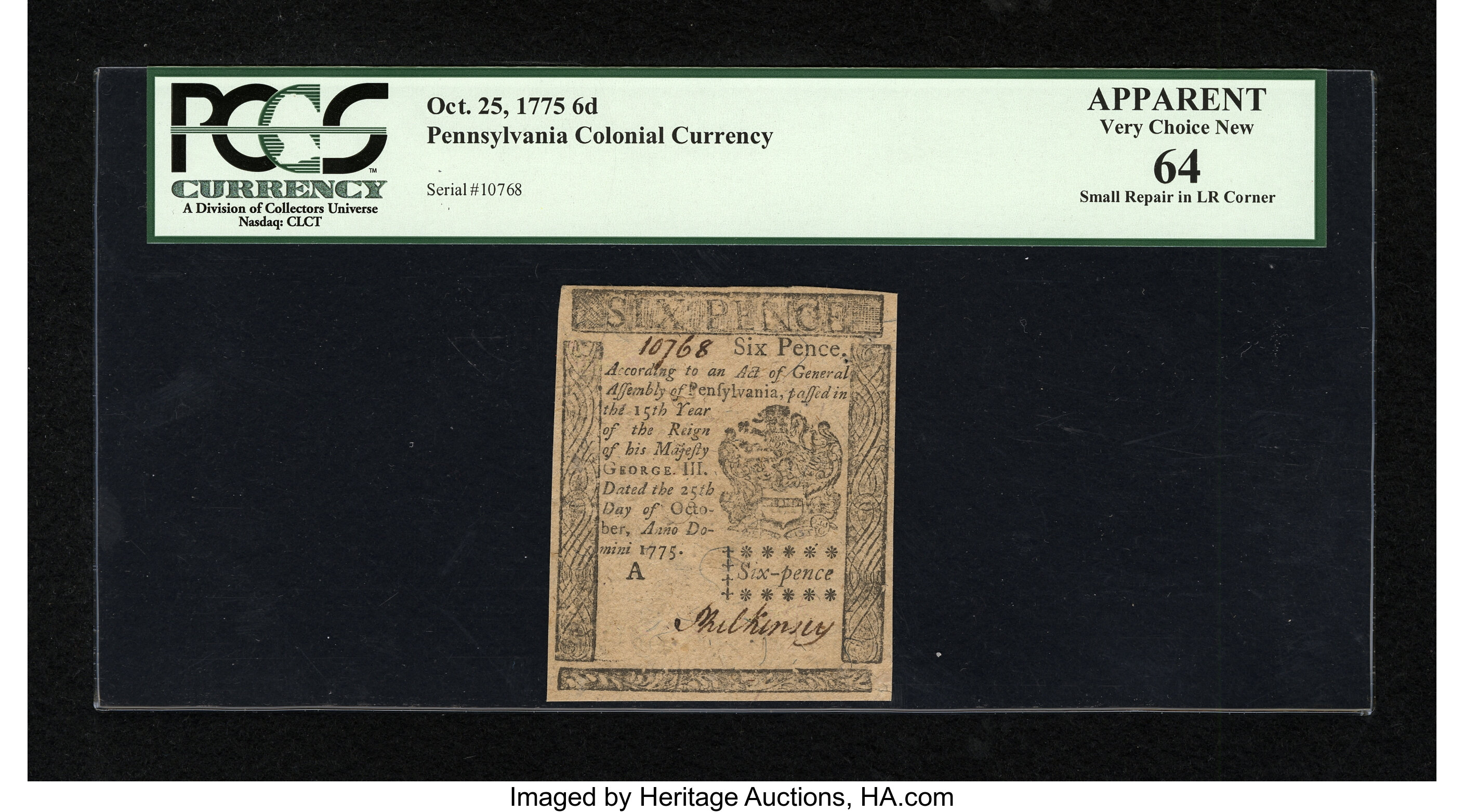 image for: Pennsylvania October 25, 1775 6d PCGS Apparent Very Choice New 64....