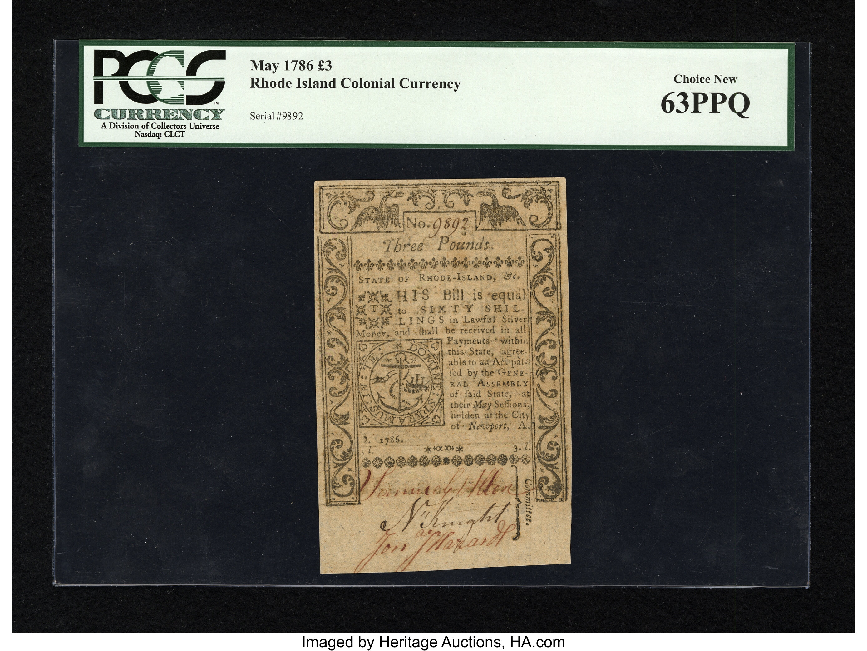 image for: Rhode Island May 1786 L3 PCGS Choice New 63PPQ....