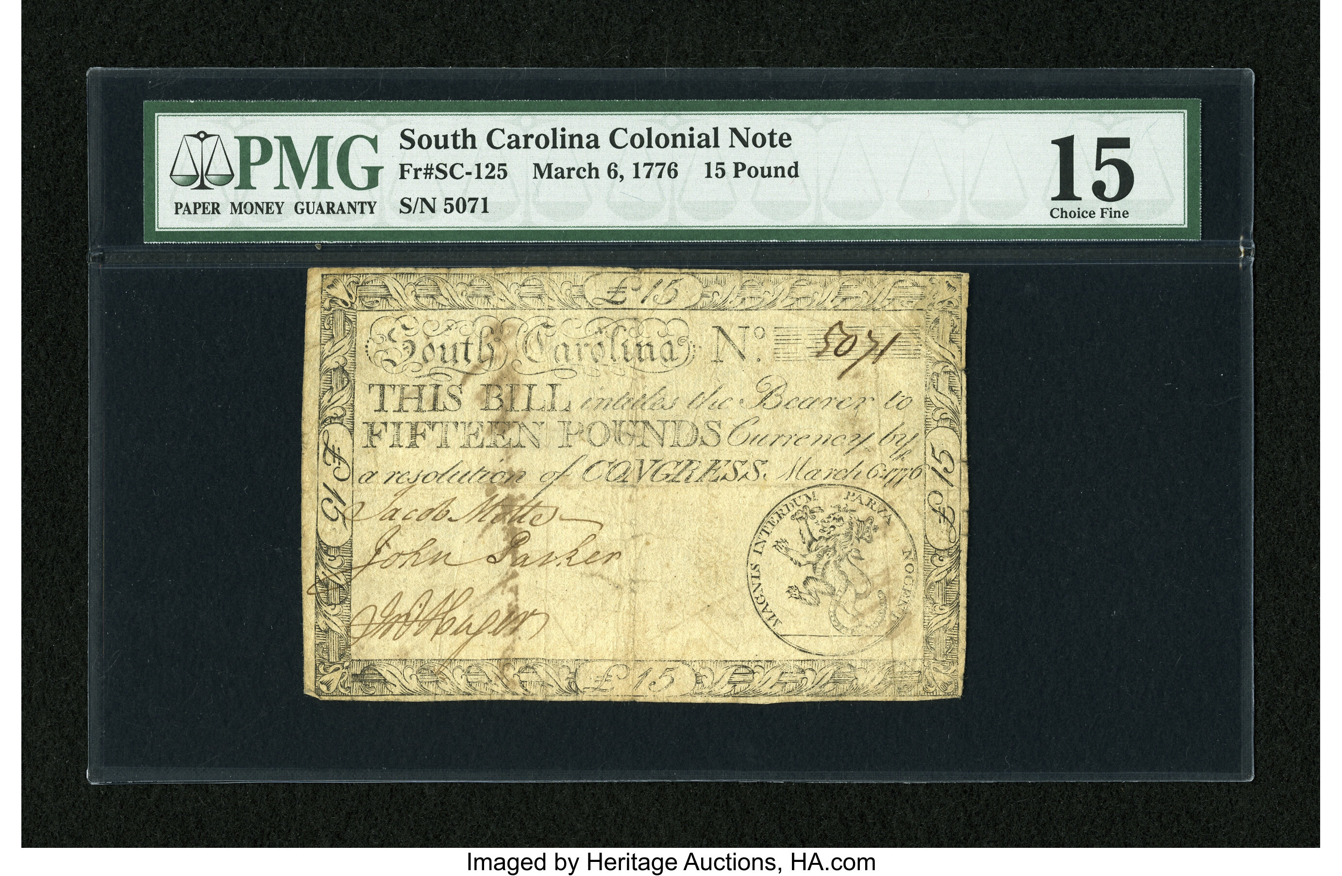 image for: South Carolina March 6, 1776 L15 PMG Choice Fine 15....
