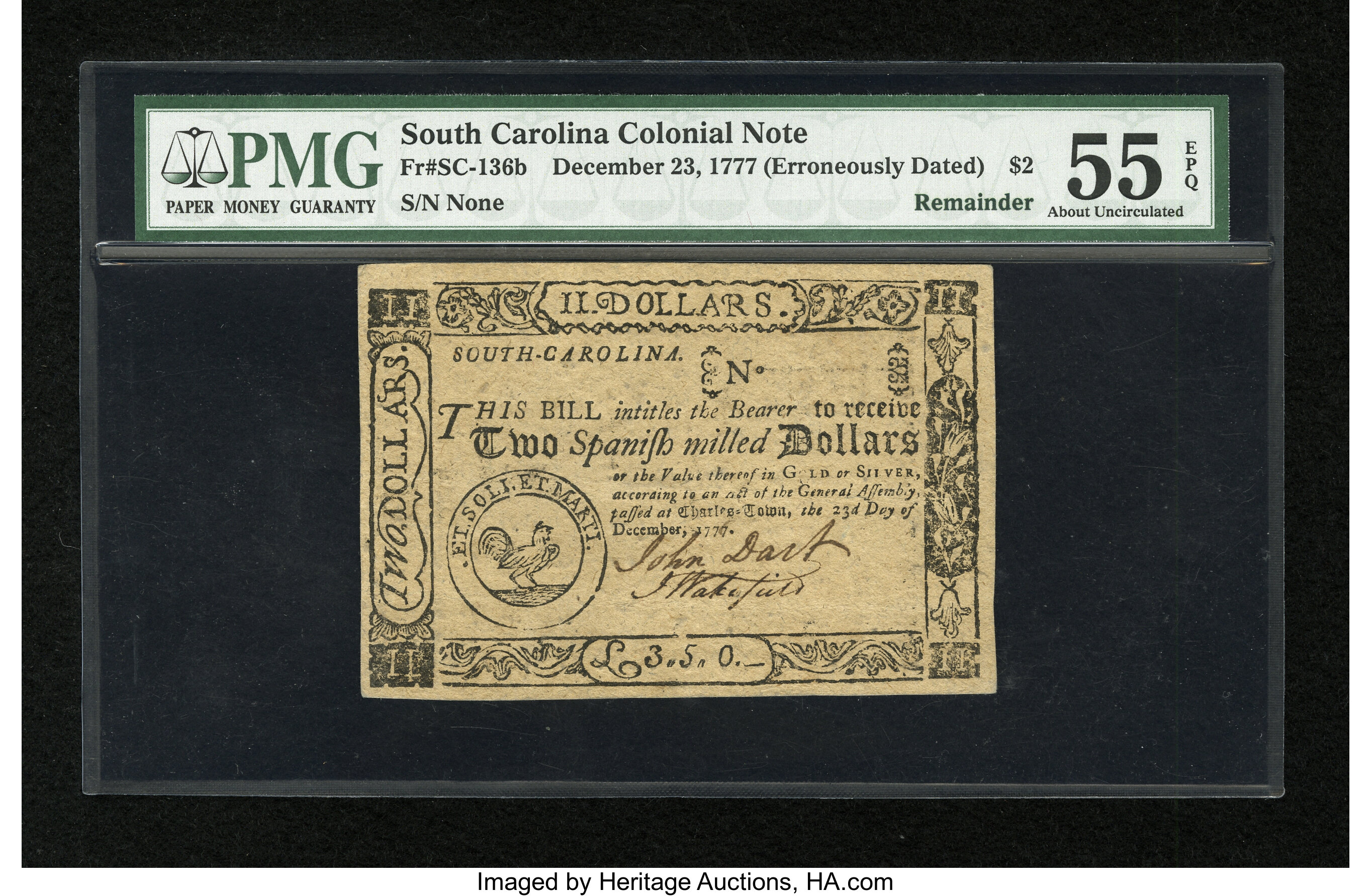 image for: South Carolina December 23, 1777 (erroneously dated) $2 PMG About Uncirculated 55 EPQ....