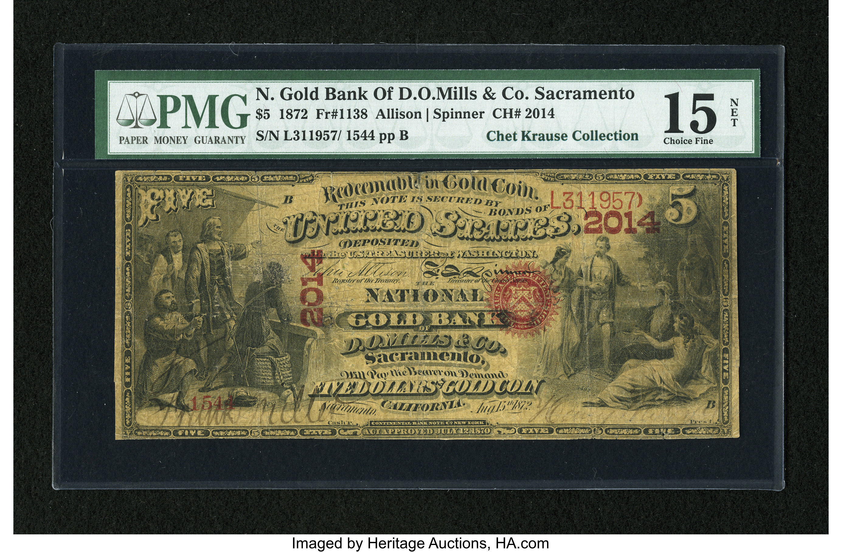image for: Sacramento, CA - $5 Original National Gold Bank Note Fr. 1138 The National Gold Bank of D.O. Mills & Co. Ch. # 2014...