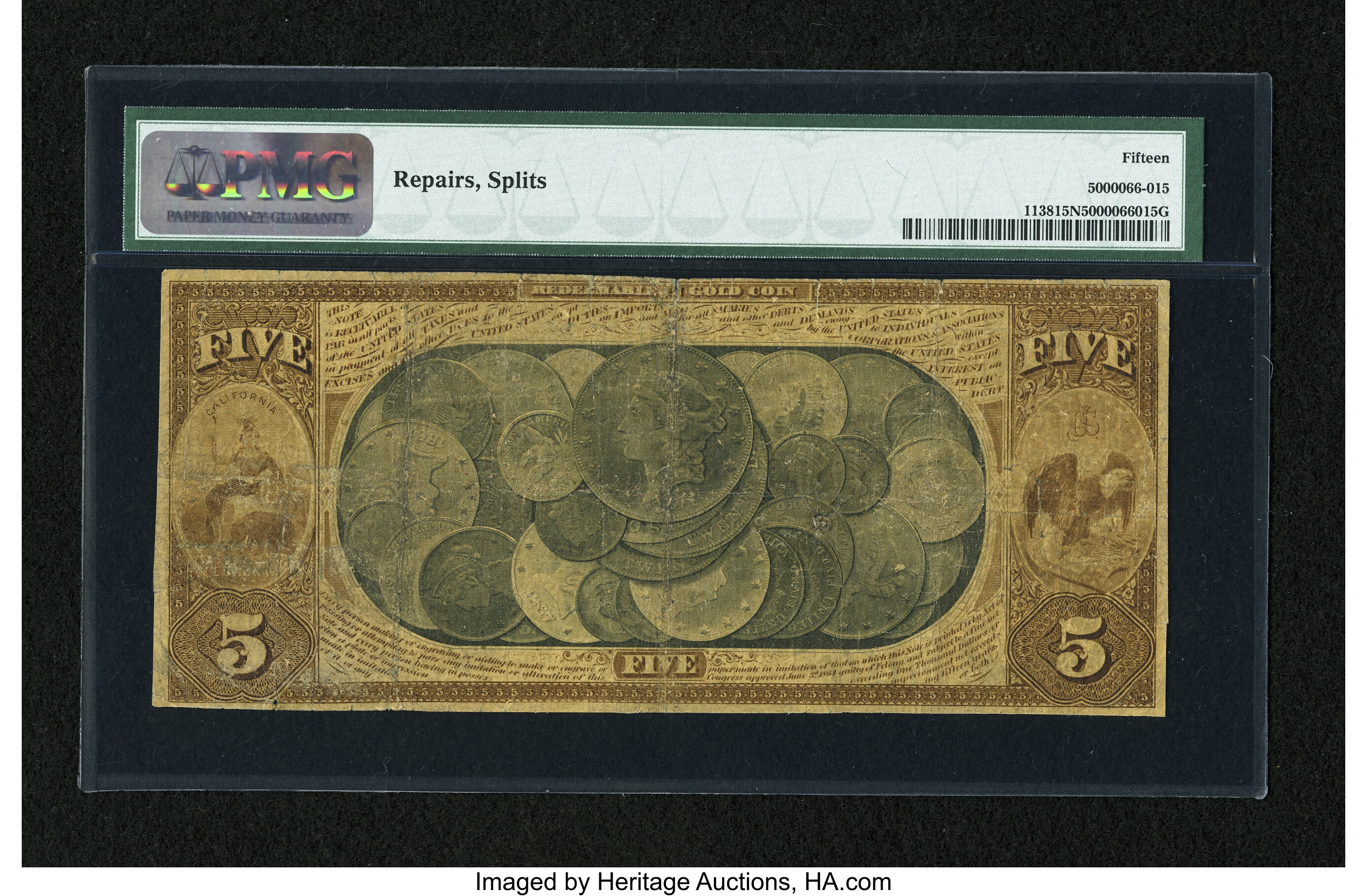 image for: Sacramento, CA - $5 Original National Gold Bank Note Fr. 1138 The National Gold Bank of D.O. Mills & Co. Ch. # 2014...