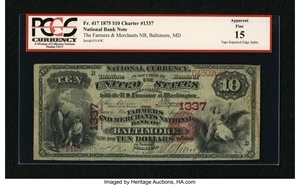 image for: Baltimore, MD - $10 1875 Fr. 417 The Farmers & Merchants NB Ch. # 1337...
