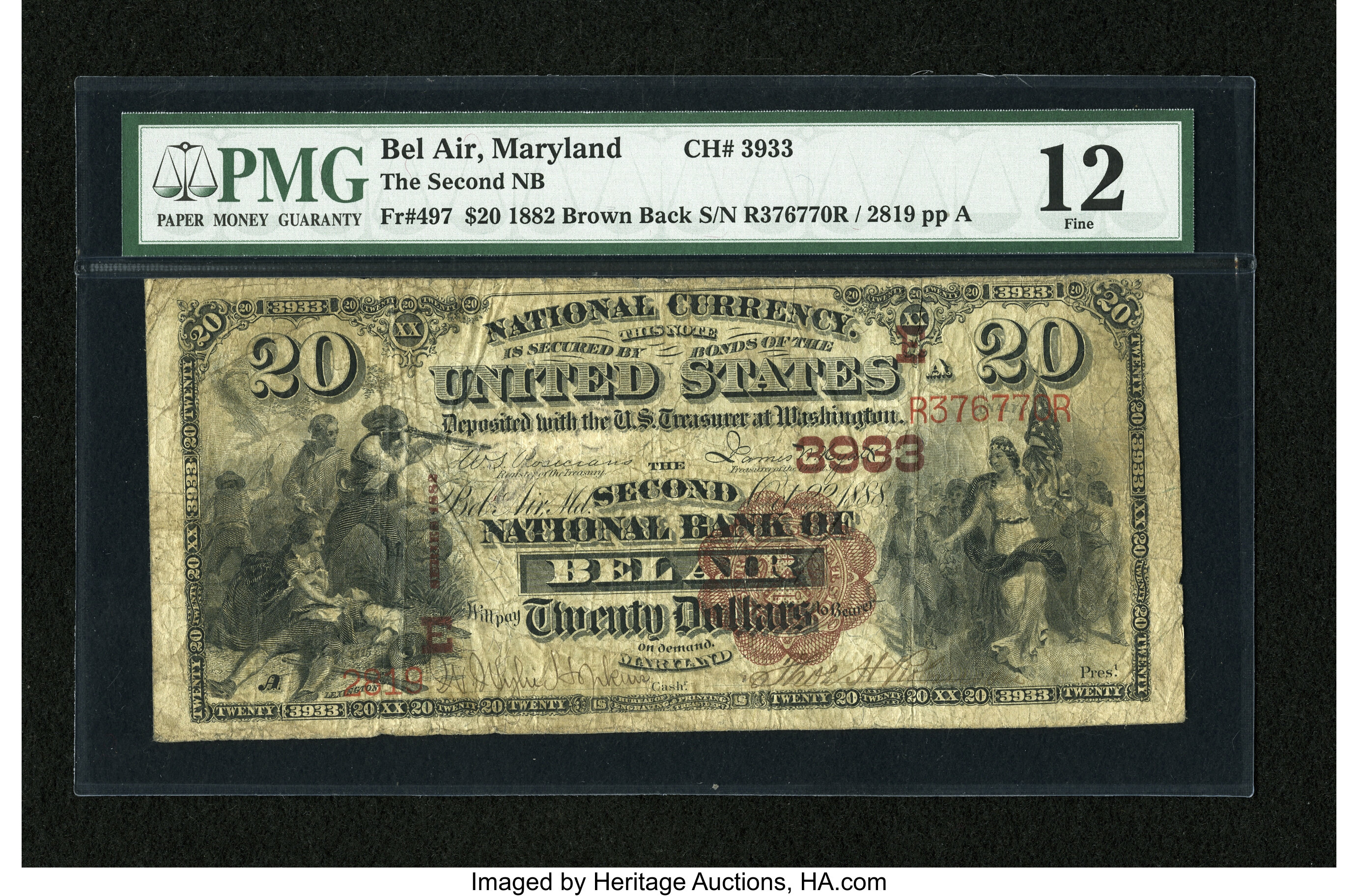 image for: Bel Air, MD - $20 1882 Brown Back Fr. 497 The Second NB Ch. # (E)3933...