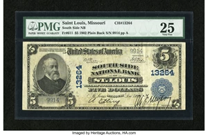 image for: Saint Louis, MO - $5 1902 Plain Back Fr. 611 South Side NB Ch. # 13264...