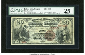 image for: Baker City, OR - $20 1882 Brown Back Fr. 493 The First NB Ch. # 2865...