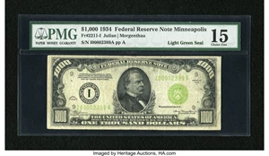 image for: Fr. 2211-I $1000 1934 Light Green Seal Federal Reserve Note. PMG Choice Fine 15....