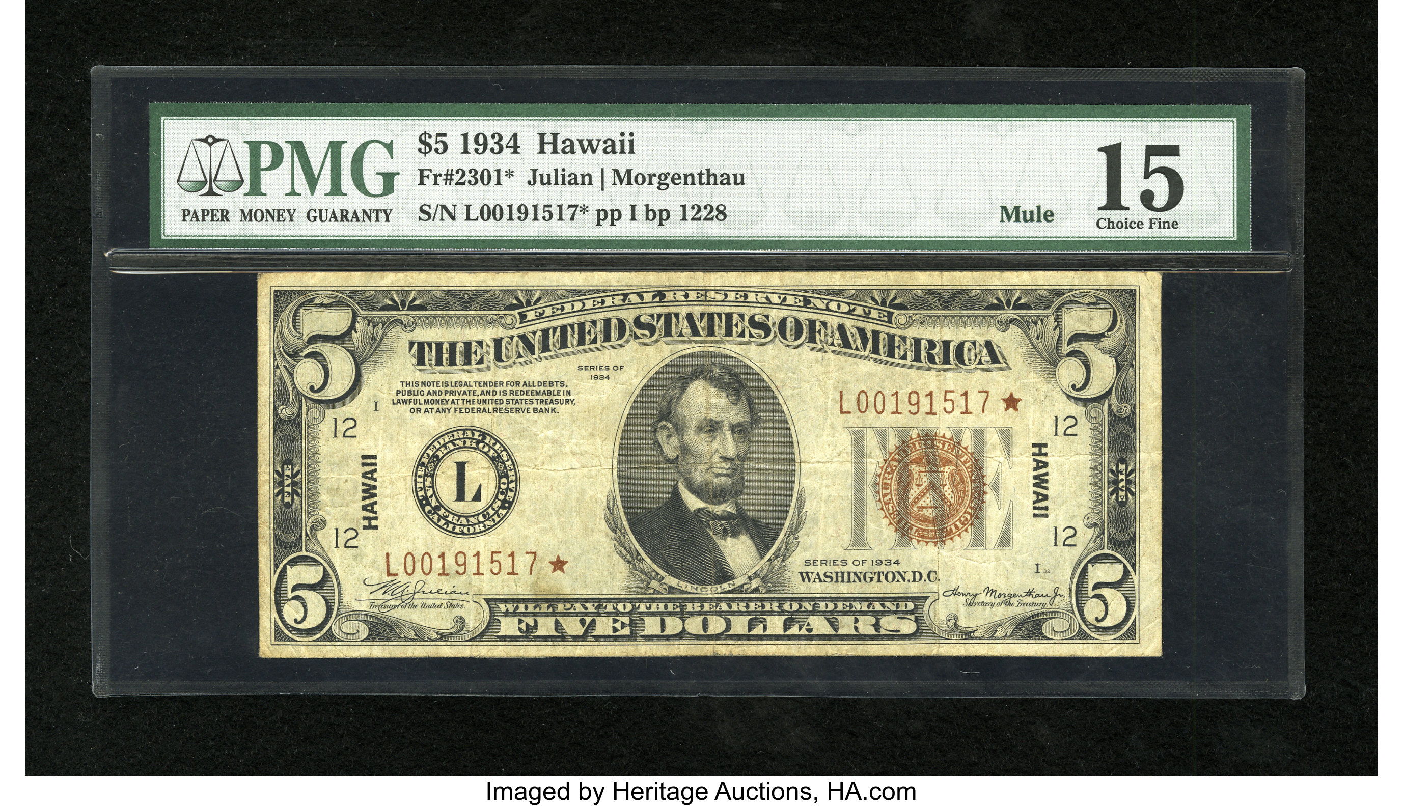 image for: Fr. 2301* $5 1934 Mule Hawaii Federal Reserve Note. PMG Choice Fine 15....