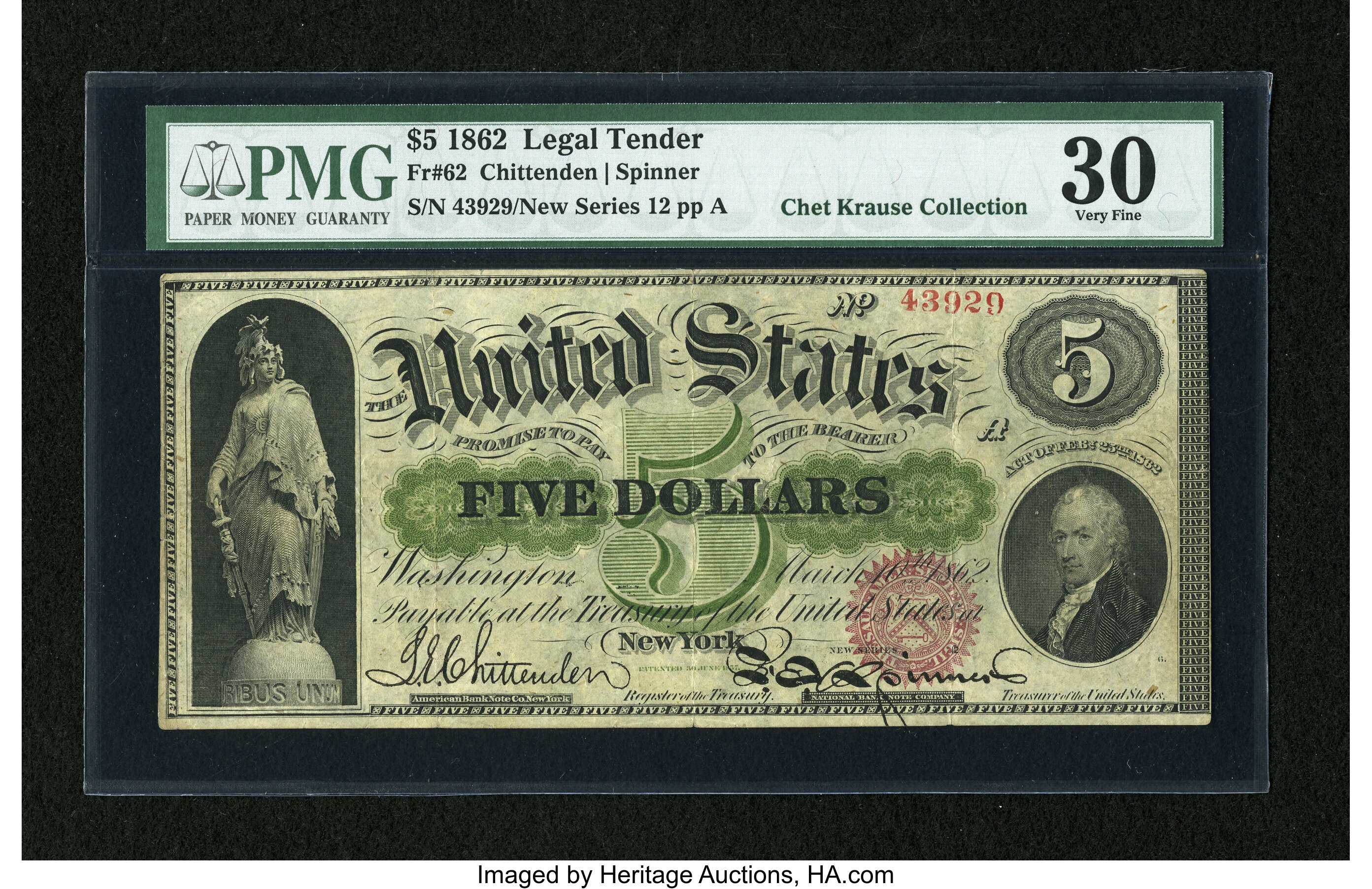 image for: Fr. 62 $5 1862 Legal Tender PMG Very Fine 30....
