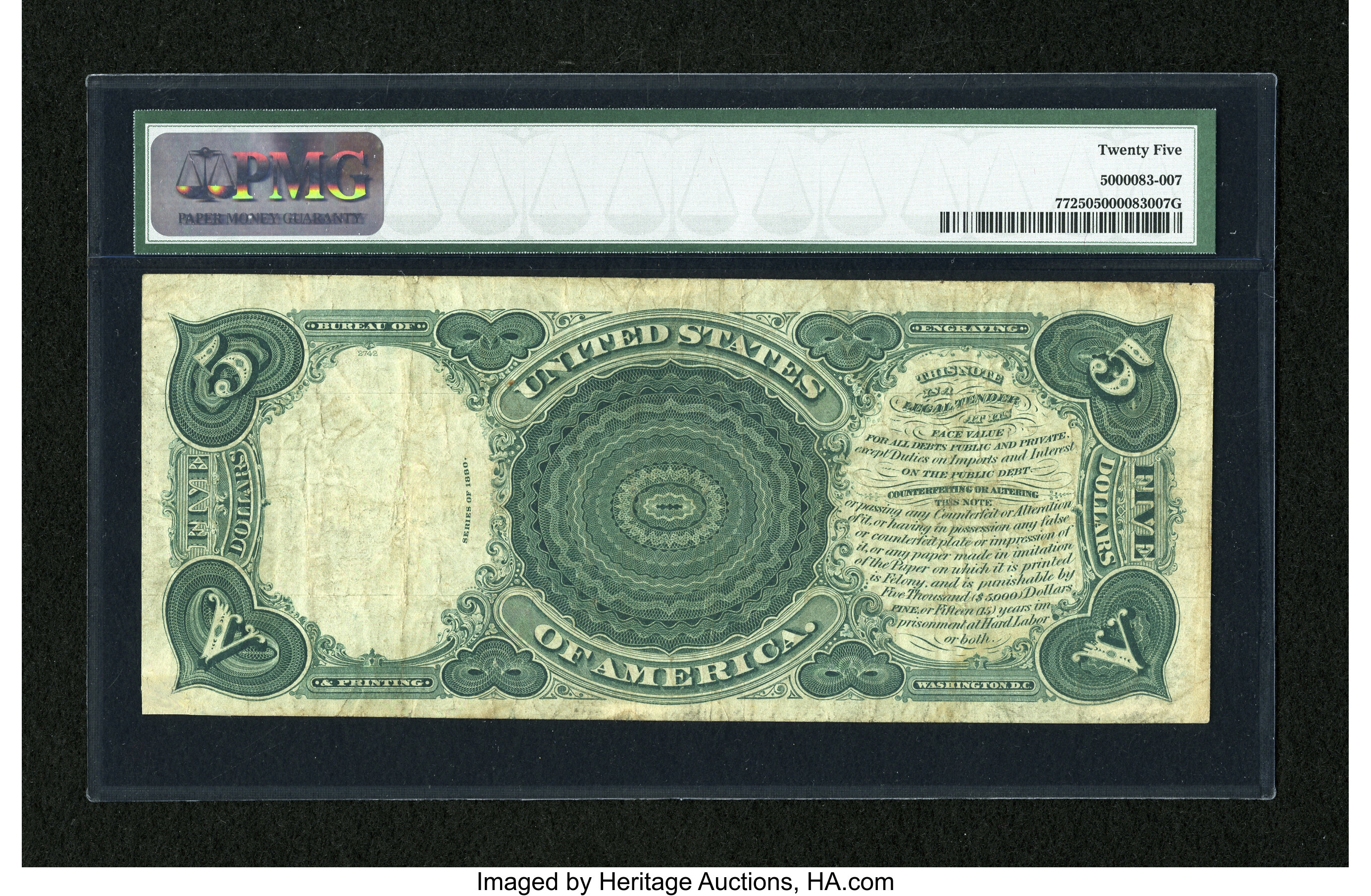 image for: Fr. 77 $5 1880 Legal Tender PMG Very Fine 25....