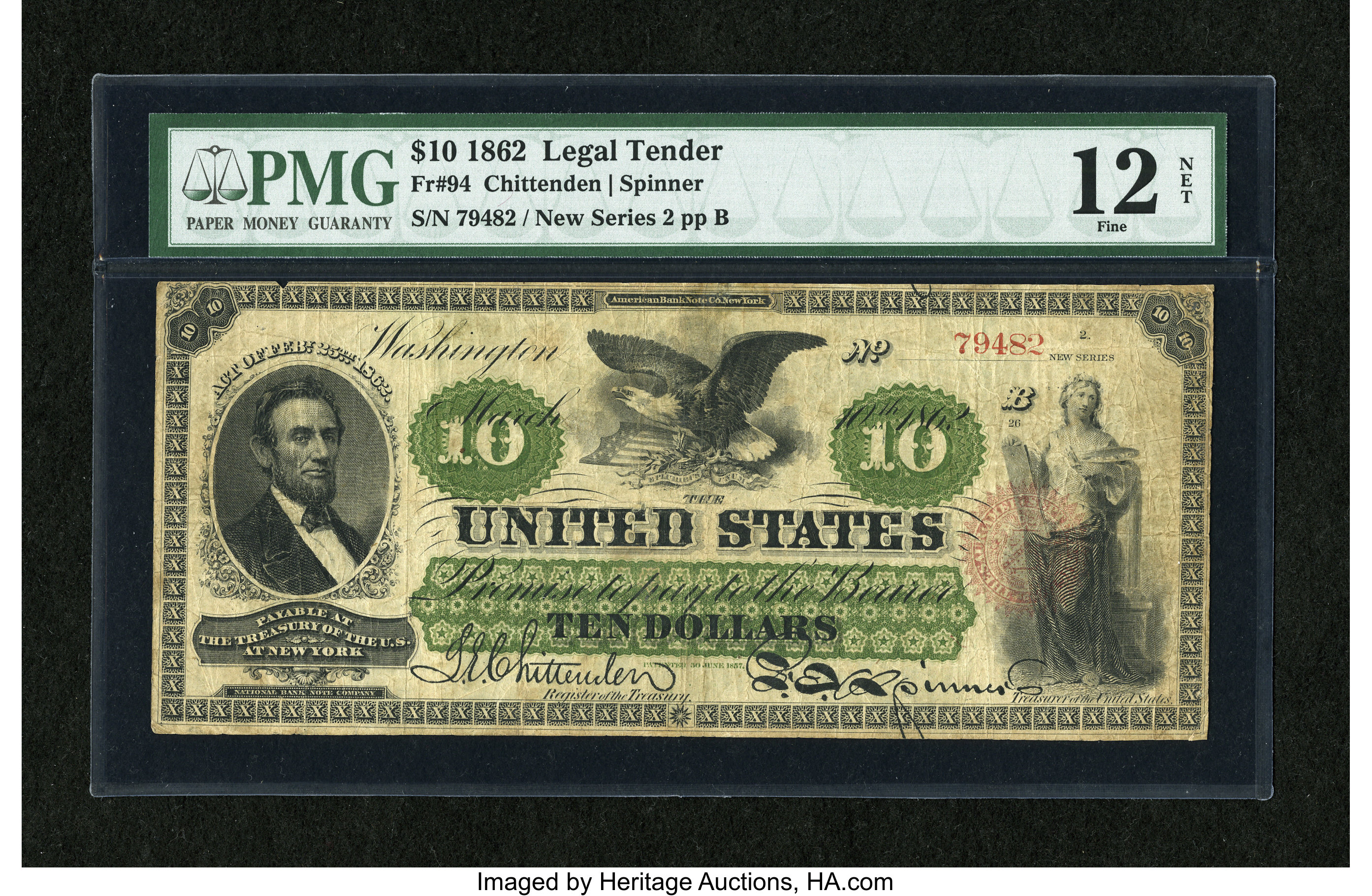 image for: Fr. 94 $10 1862 Legal Tender PMG Fine 12 Net.