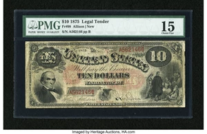 image for: Fr. 98 $10 1875 Legal Tender PMG Choice Fine 15....