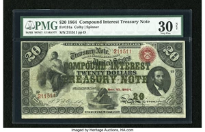 image for: Fr. 191a $20 1864 Compound Interest Treasury Note PMG Very Fine 30 Net....