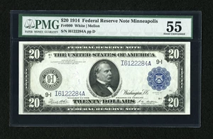 image for: Fr. 999 $20 1914 Federal Reserve Note PMG About Uncirculated 55....
