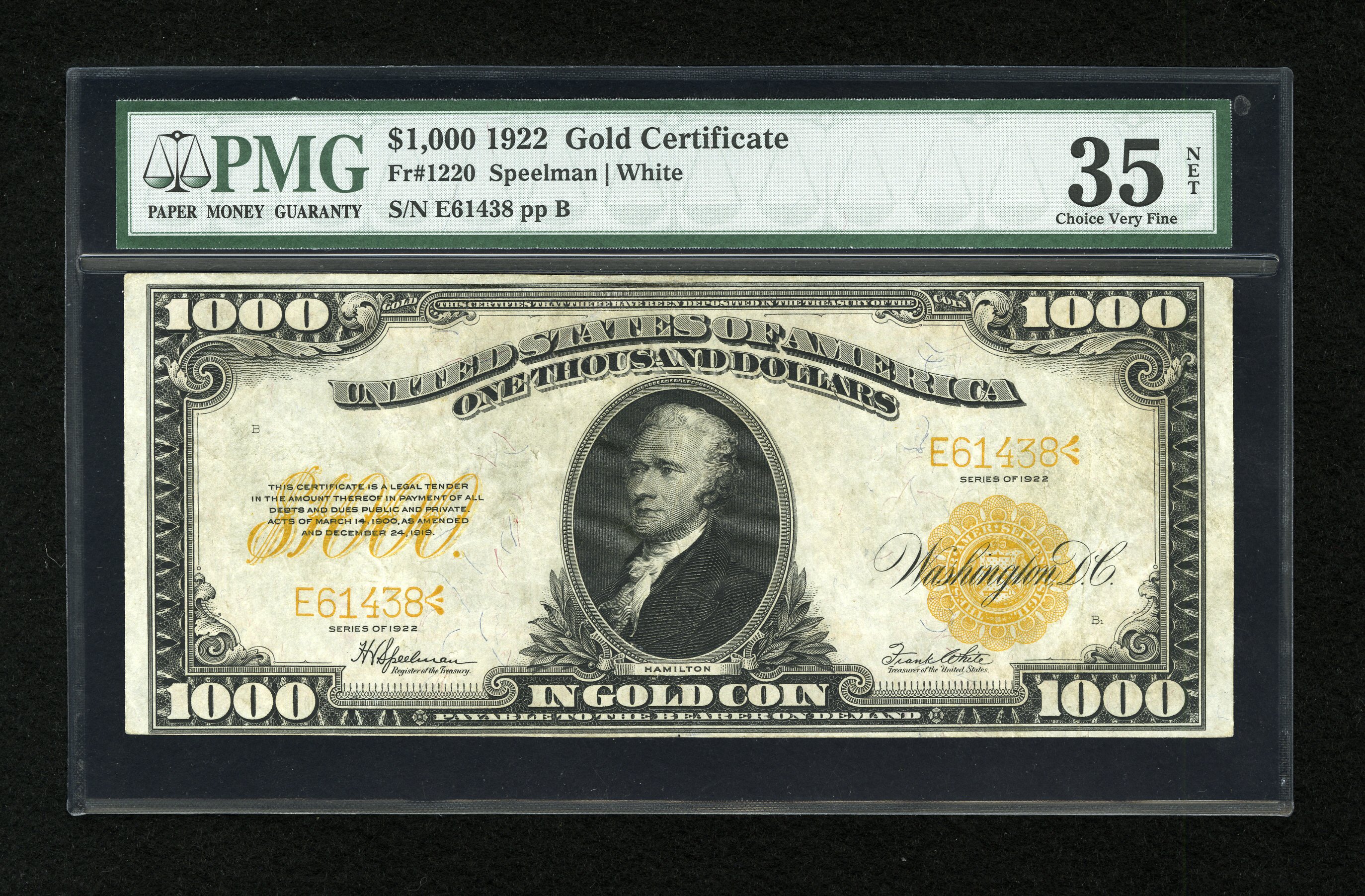 image for: Fr. 1220 $1000 1922 Gold Certificate PMG Choice Very Fine 35 Net....