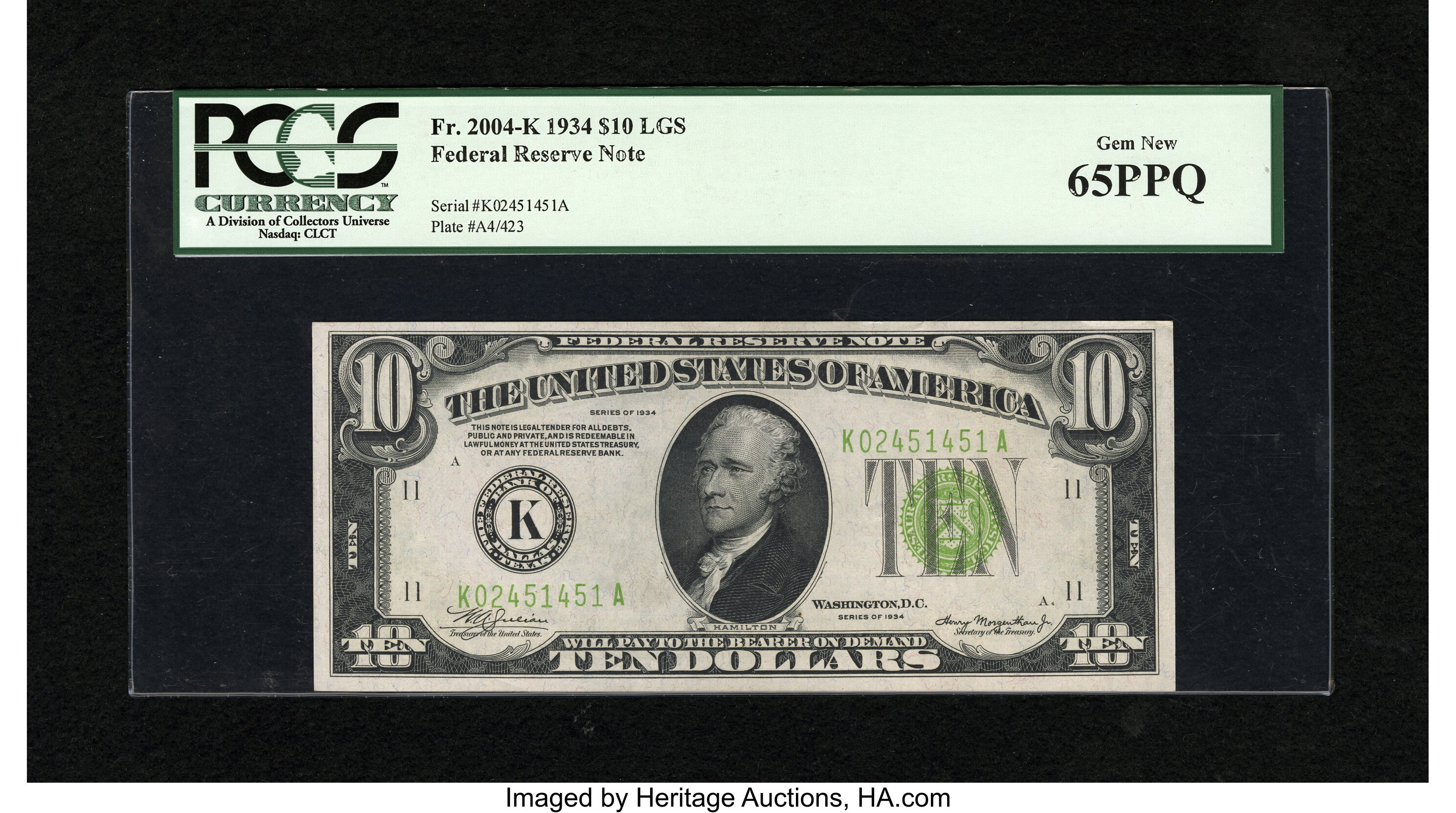 image for: Fr. 2004-K $10 1934 Light Green Seal Federal Reserve Note. PCGS Gem New 65PPQ....