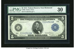 image for: Fr. 861 $5 1914 Federal Reserve Note PMG Very Fine 30....
