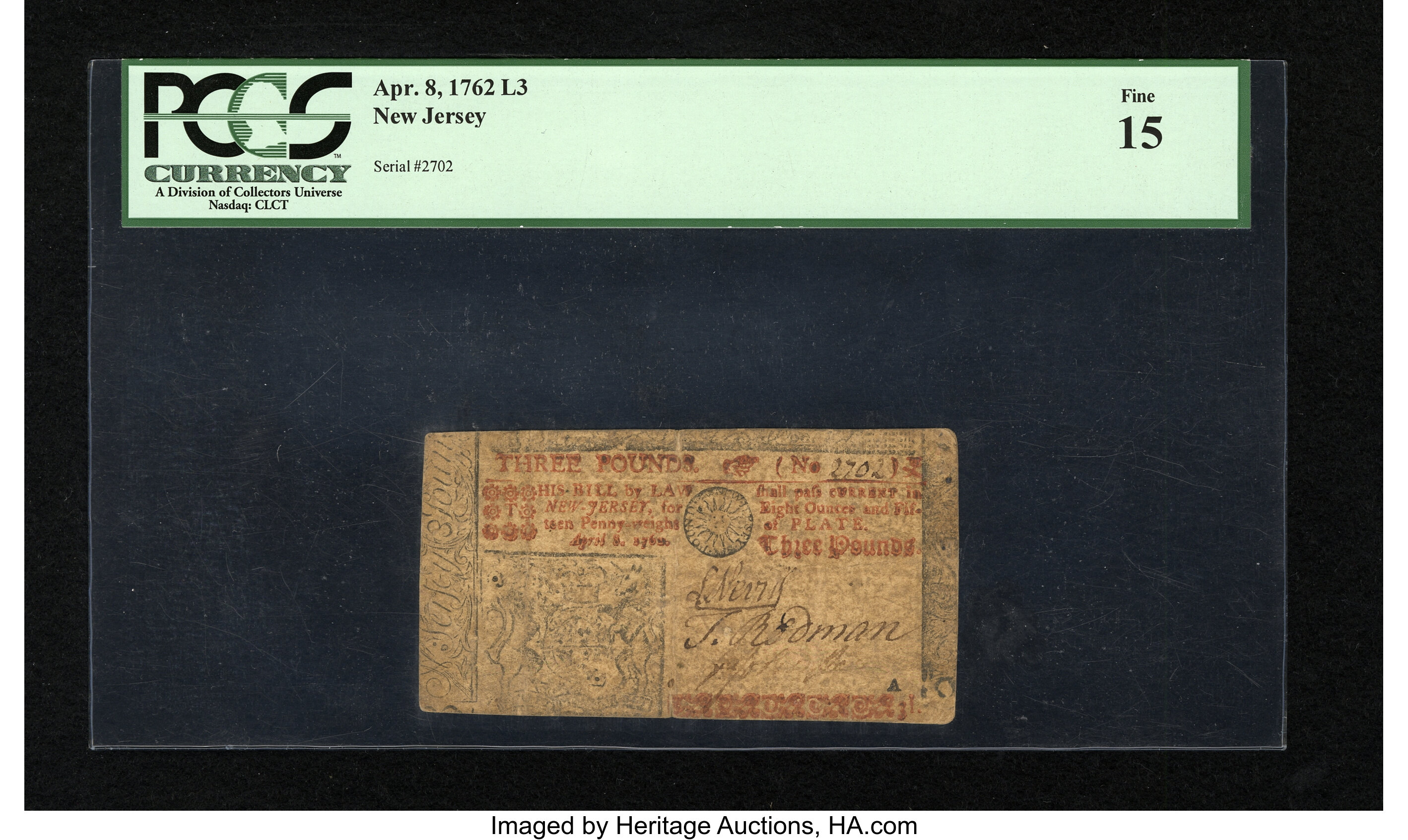 image for: New Jersey April 8, 1762 £3 PCGS Fine 15....