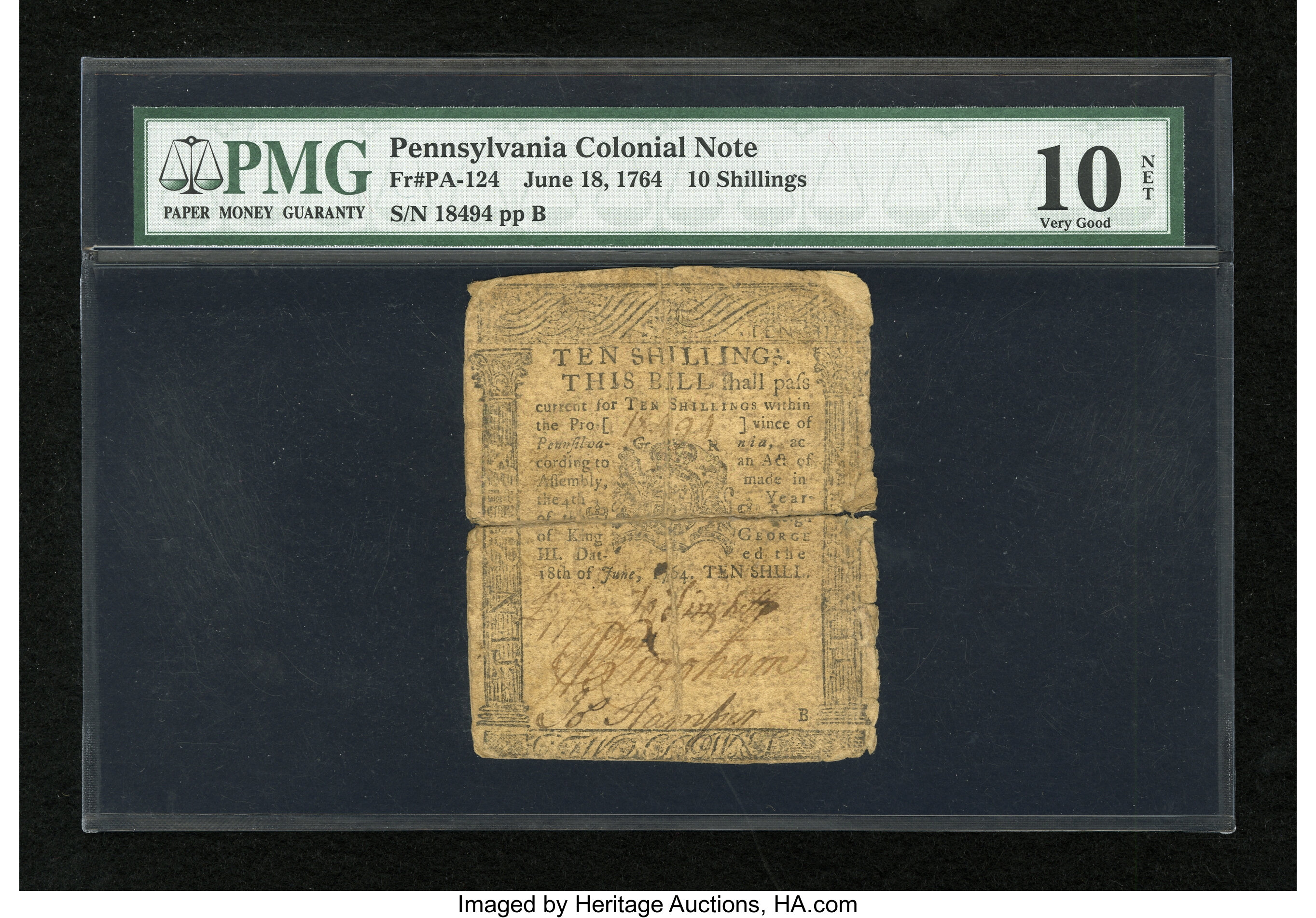 image for: Pennsylvania June 18, 1764 10s PMG Very Good 10 Net....