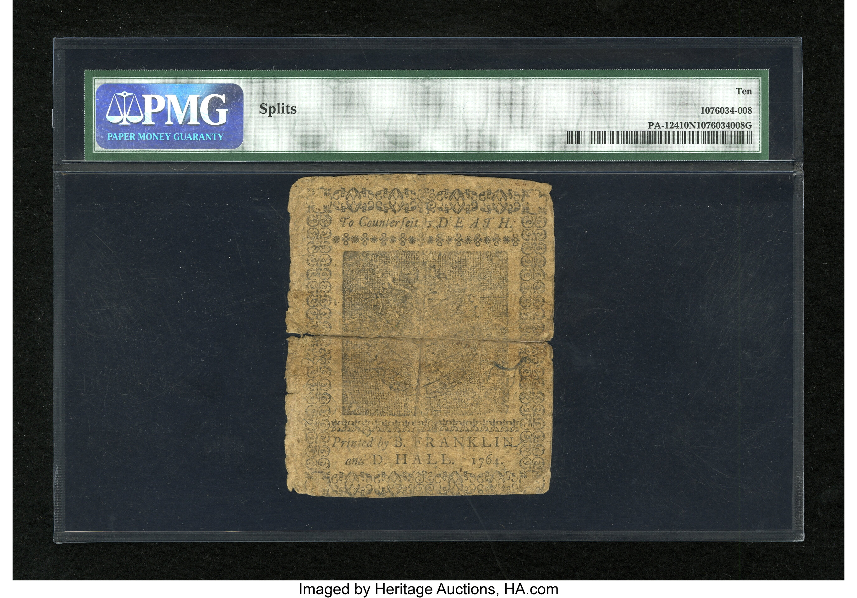 image for: Pennsylvania June 18, 1764 10s PMG Very Good 10 Net....