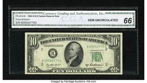 image for: Fr. 2012-B $10 1950B Federal Reserve Note. CGA Gem Uncirculated 66....