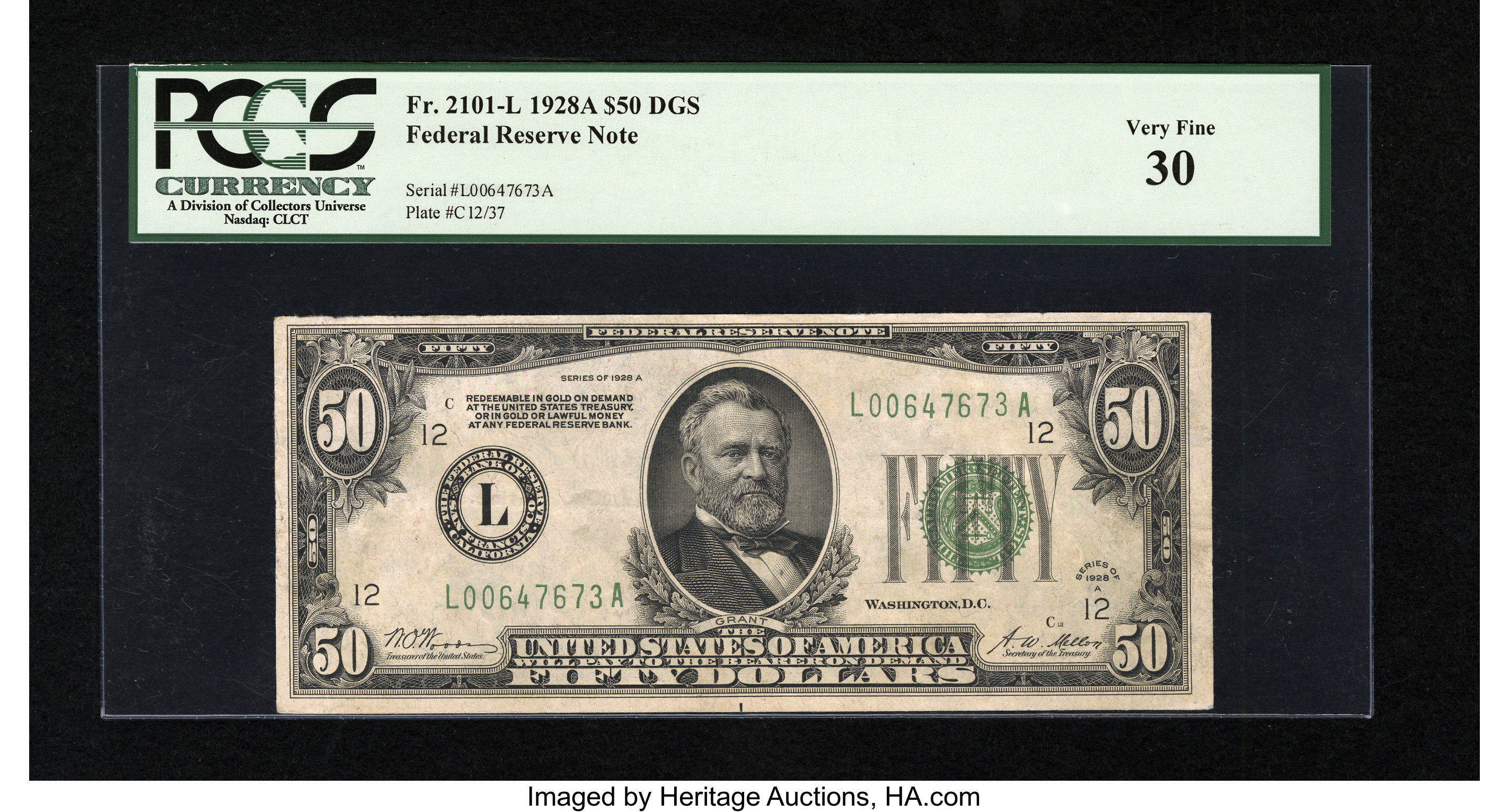 image for: Fr. 2101-L $50 1928A Dark Green Seal Federal Reserve Note. PCGS Very Fine 30....