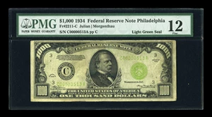 image for: Fr. 2211-C $1000 1934 Light Green Seal Federal Reserve Note. Lowest Serial Number Reported. PMG Fine 12....